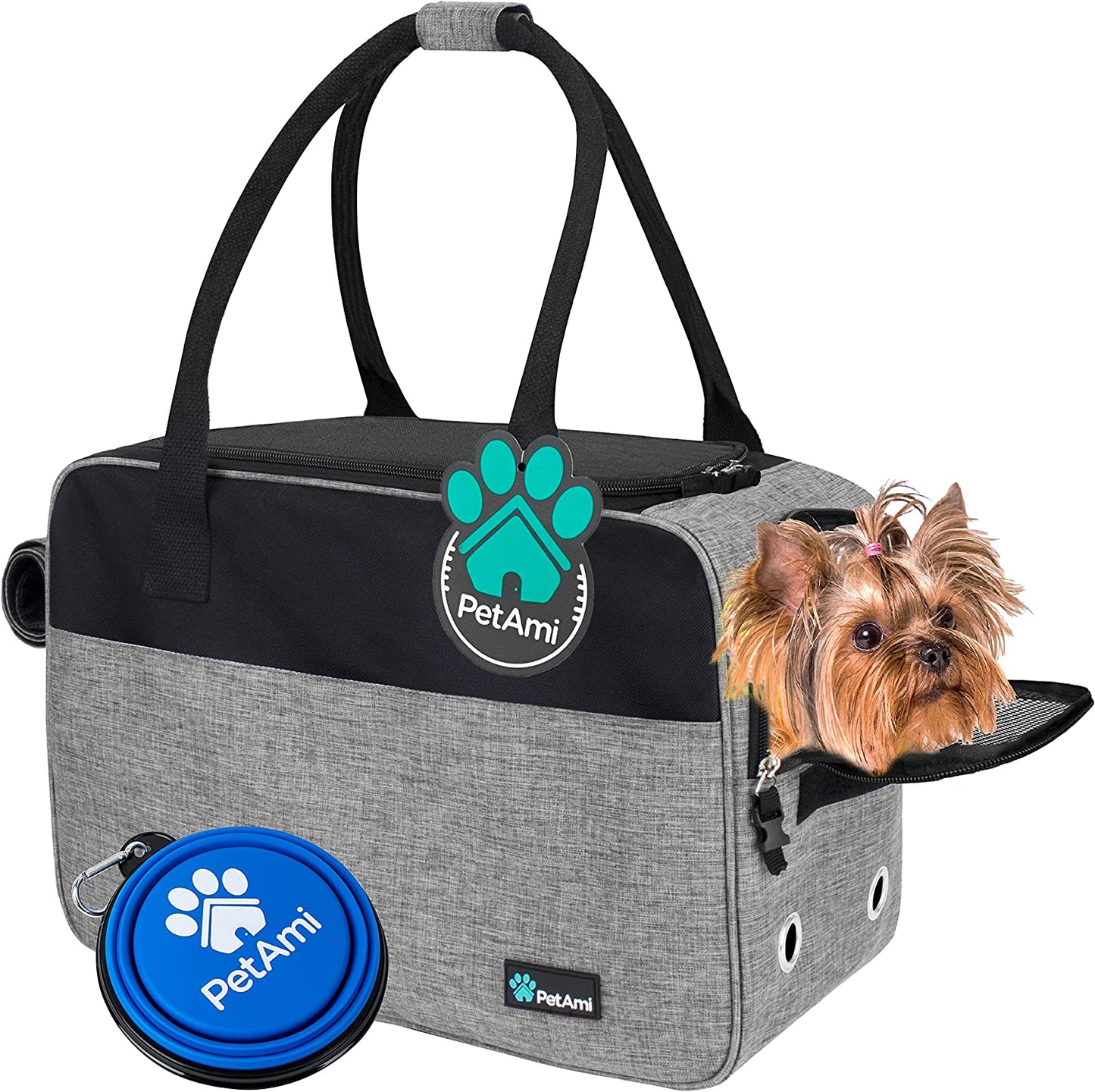 Petami Dog Purse Carrier for Small Dogs, Airline Approved Soft Sided Pet Carrier with Pockets, Ventilated Dog Carrying Bag for Puppy Cat, Dog Travel Supplies Bag, Sherpa Bed, Max 12 Lbs, Gray