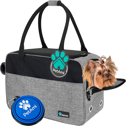 Petami Dog Purse Carrier for Small Dogs, Airline Approved Soft Sided Pet Carrier with Pockets, Ventilated Dog Carrying Bag for Puppy Cat, Dog Travel Supplies Bag, Sherpa Bed, Max 12 Lbs, Gray