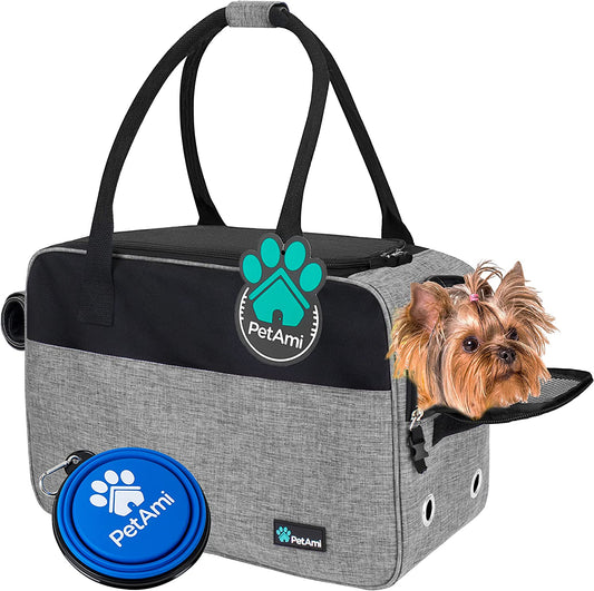 Petami Dog Purse Carrier for Small Dogs, Airline Approved Soft Sided Pet Carrier with Pockets, Ventilated Dog Carrying Bag for Puppy Cat, Dog Travel Supplies Bag, Sherpa Bed, Max 12 Lbs, Gray