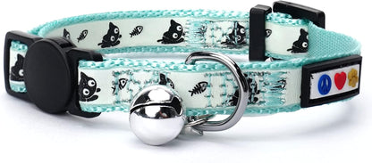 Pawtitas Teal Glow-in-the-Dark Cat Collar with Safety Buckle and Removable Bell