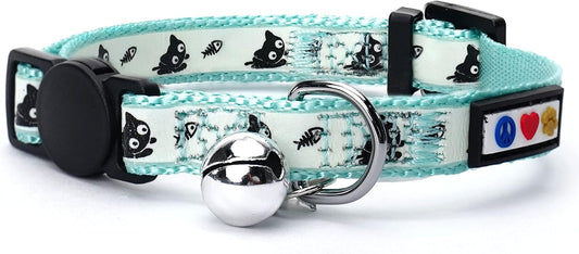 Pawtitas Teal Glow-in-the-Dark Cat Collar with Safety Buckle and Removable Bell