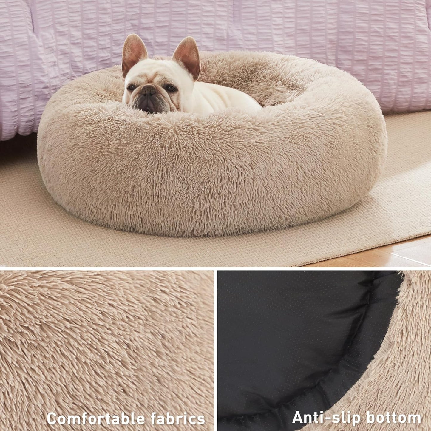 Love's Cabin Calming Donut Pet Bed for Dogs and Cats, Anti-Anxiety Fluffy Warming Indoor Bed in Beige Taupe, Available in 20" and 24" Sizes