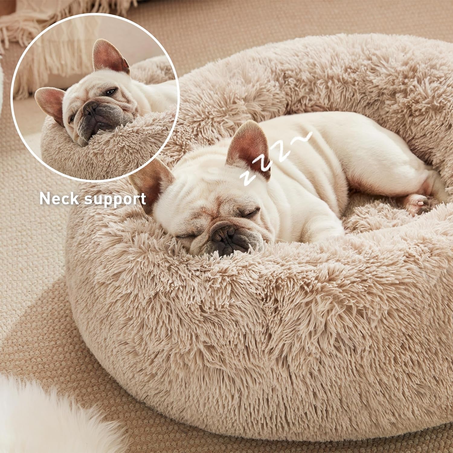 Love's Cabin Calming Donut Pet Bed for Dogs and Cats, Anti-Anxiety Fluffy Warming Indoor Bed in Beige Taupe, Available in 20" and 24" Sizes