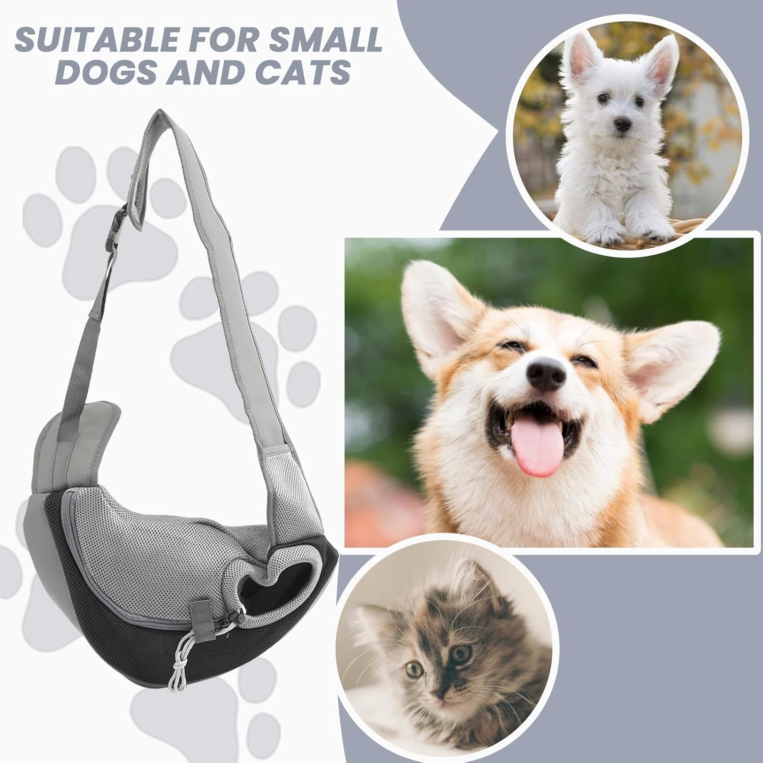 Small Dog Sling Carrier, Mesh Adjustable Pet Sling Carrier Zipper Pocket Breathable Hand Free for Small Medium Dogs Cats Outdoor Travel (Up to 5 Pounds)