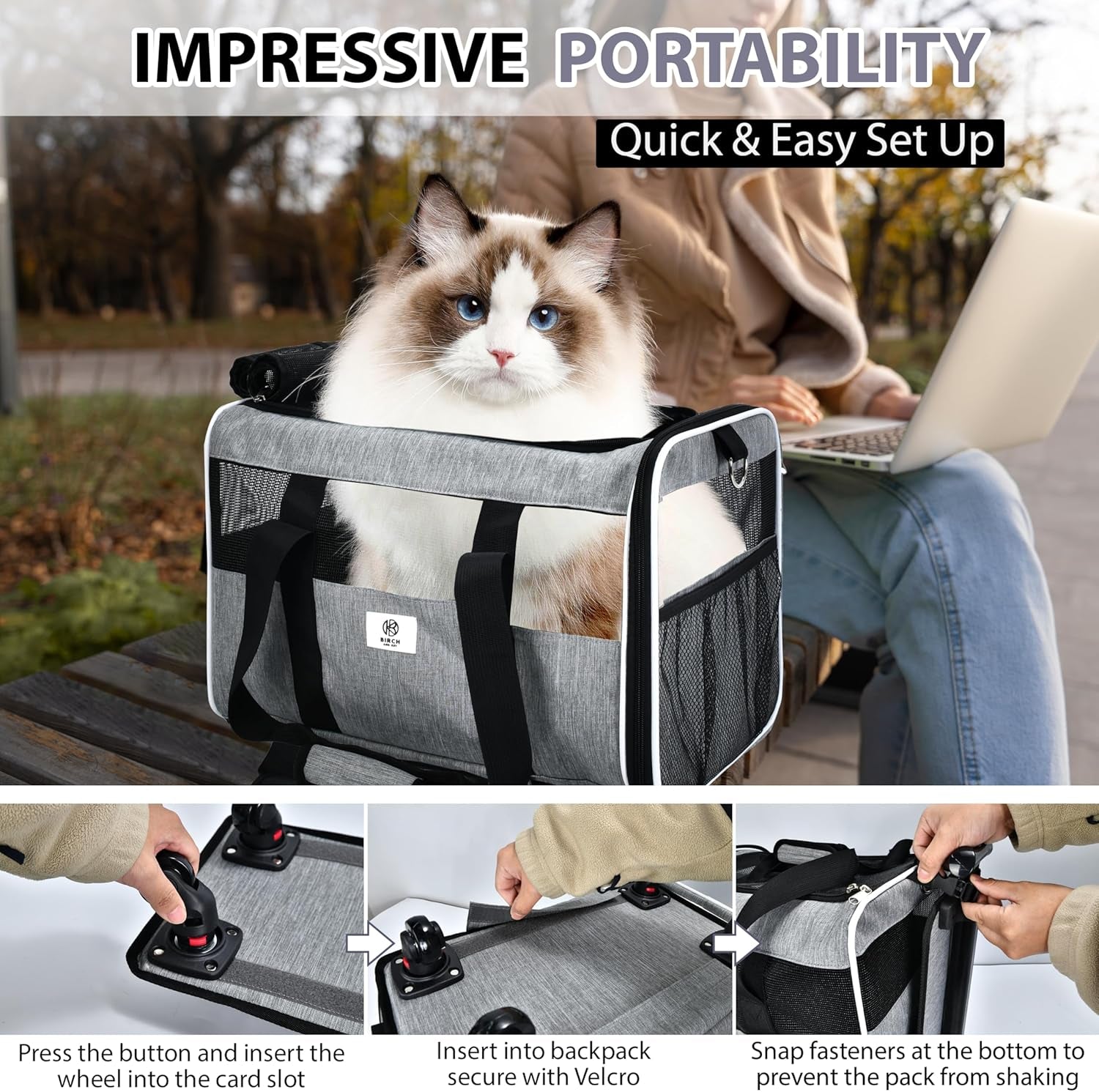 Pet Carrier with Wheels by Birch & Key – Grey Color - Airline Approved Rolling Pet Carrier – Soft Dog & Cat Travel Carrier - Small Dog Carrier – Removable Wheels - 17.5” X 12” X 12”