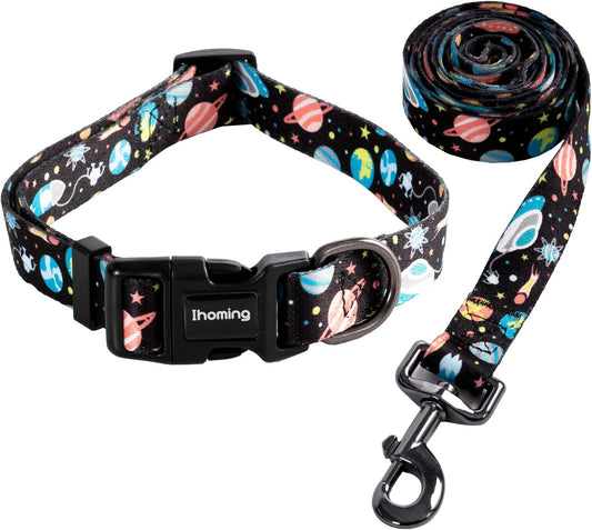 Ihoming Dog Collar and Leash Set for Daily Outdoor Walking Running Training, Space Design for Small Boys Girls Dogs Cats Pets, S-Up to 20LBS